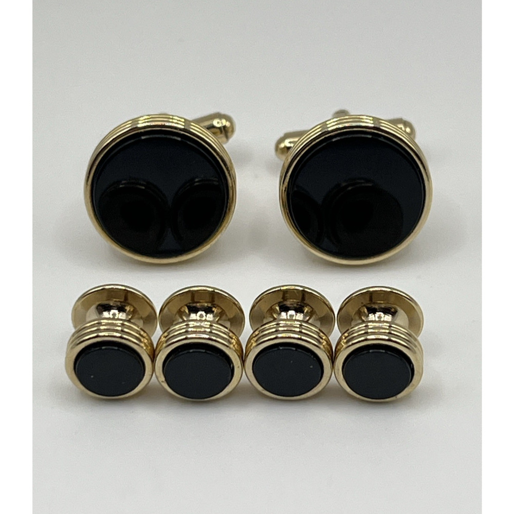 Gold Tone Black Round Cufflinks & 4 Shirt Studs Set Formal Classic
